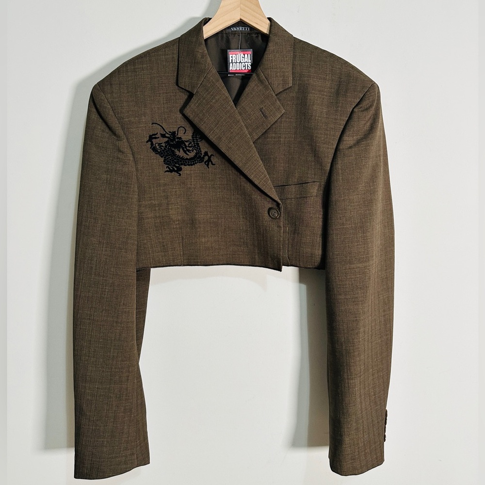 Upcycled Vintage Carob Brown Cropped Boxy Oversized Fit Blazer Dragon Patch - Picture 3 of 8
